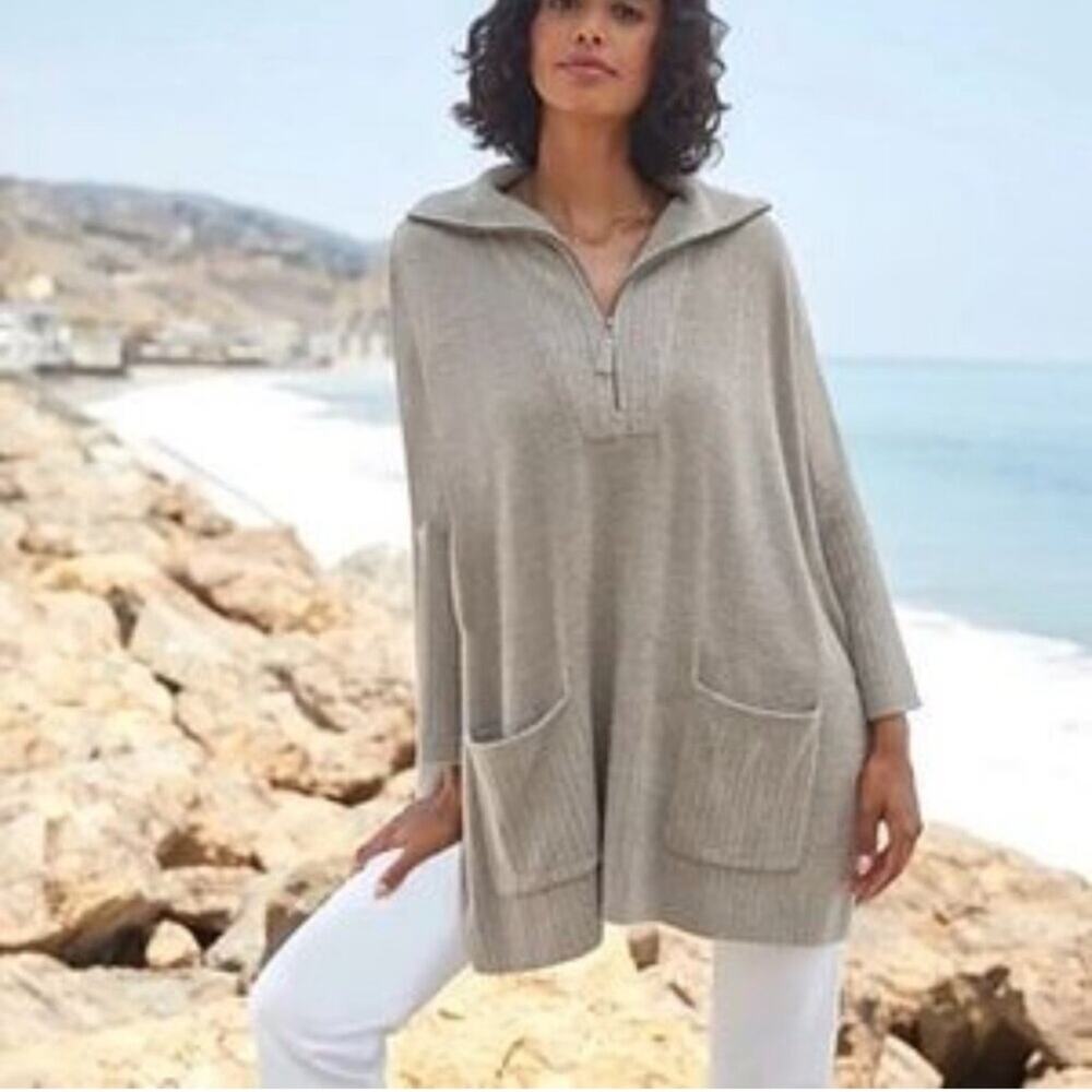 Barefoot Dreams Cozy Chic Lite Half Zip Rolled Edge Pullover Tunic Sweater
